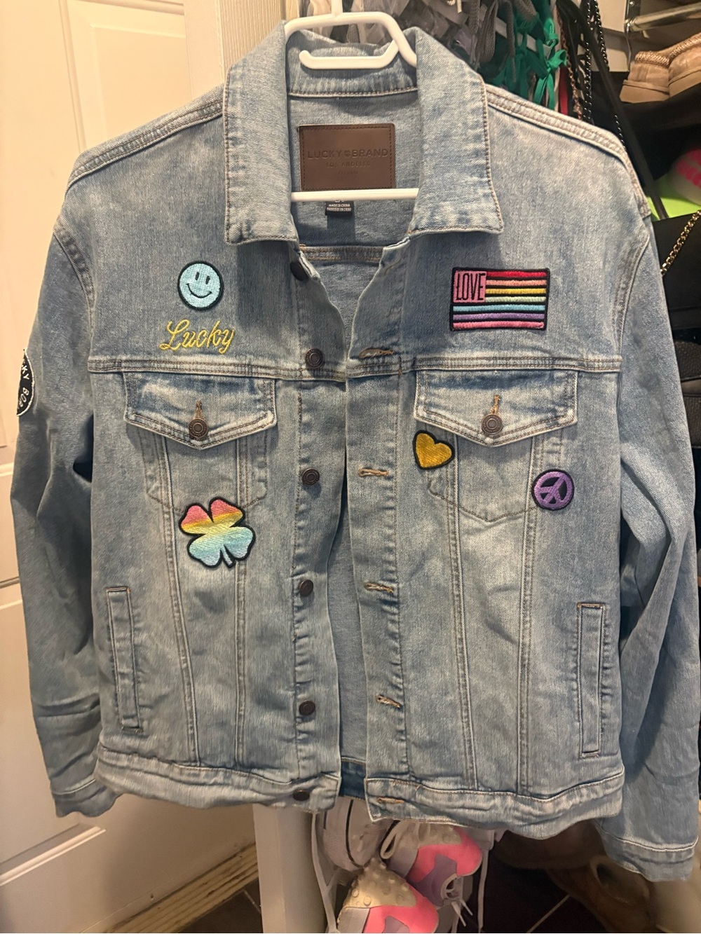 Lucky Brand Light Wash Denim Jacket with Colorful Patch Accents